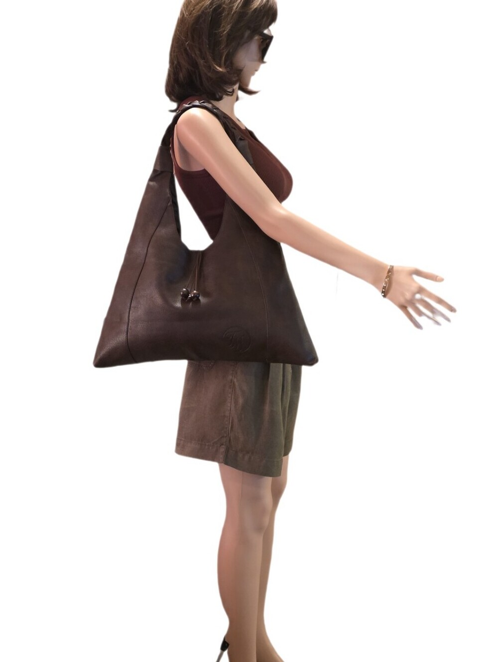 Terramar Chic Chocolate Brown Faux Leather Hobo Bag Braided Strap Accent Beads